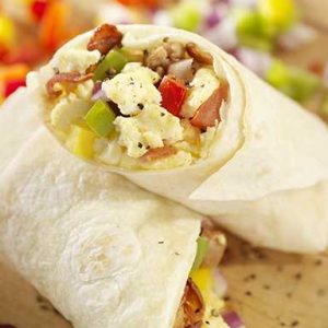 scrambled eggs, crumbled sausage, shredded cheese, hash browns, bell pepper, onions, wrapped in a flour tortilla. 